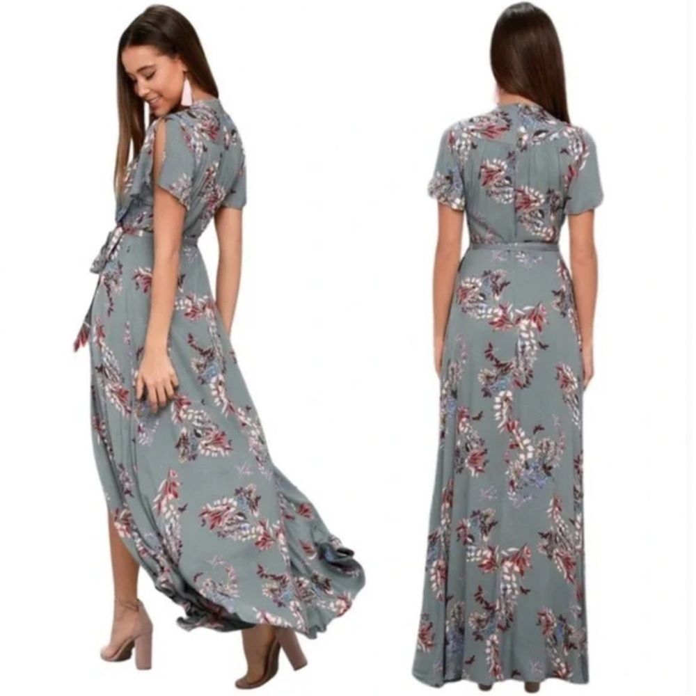 Lulu’s Fiorire Slate Blue Floral Print Wrap Maxi Dress